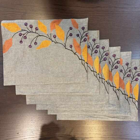 6 Crate & Barrel Rona Amber Cotton Placemats  Orange Purple Embroidered Fall - Picture 5 of 7